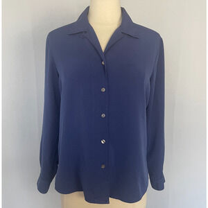 Vintage Blouse Top Size Small Blue Solid Long Sleeve Button Minimalist Office
